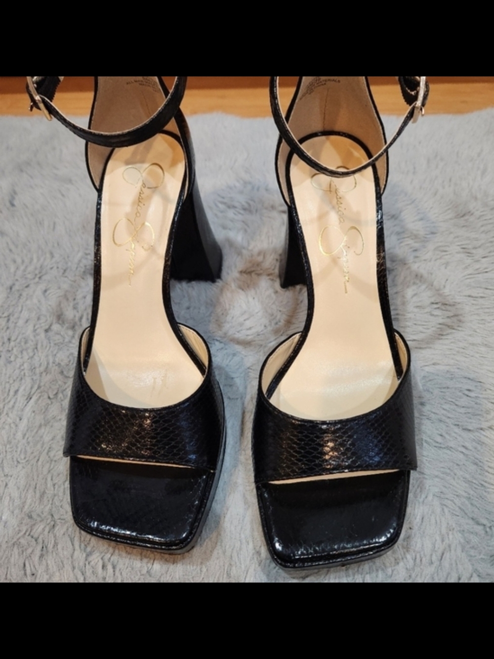 Jessica Simpson Black Textured Block Heel Ankle Strap Sandals